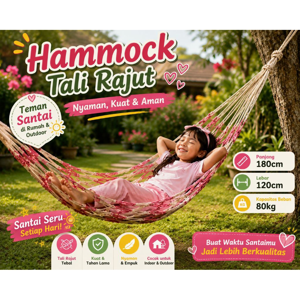Ayunan Hammock Jaring Rajut Premium Kuat 100kg Ayunan Gantung Pohon Anak-Anak Remaja Portable Outdoo