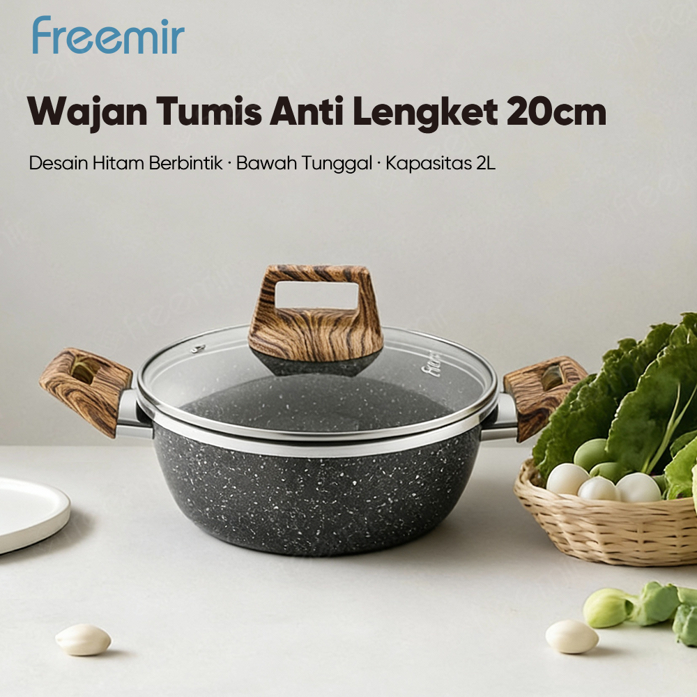 Freemir Wajan Panci Granit Black Granit 20cm Anti Lengket Serbaguna Pegangan Kayu Anti Rayap