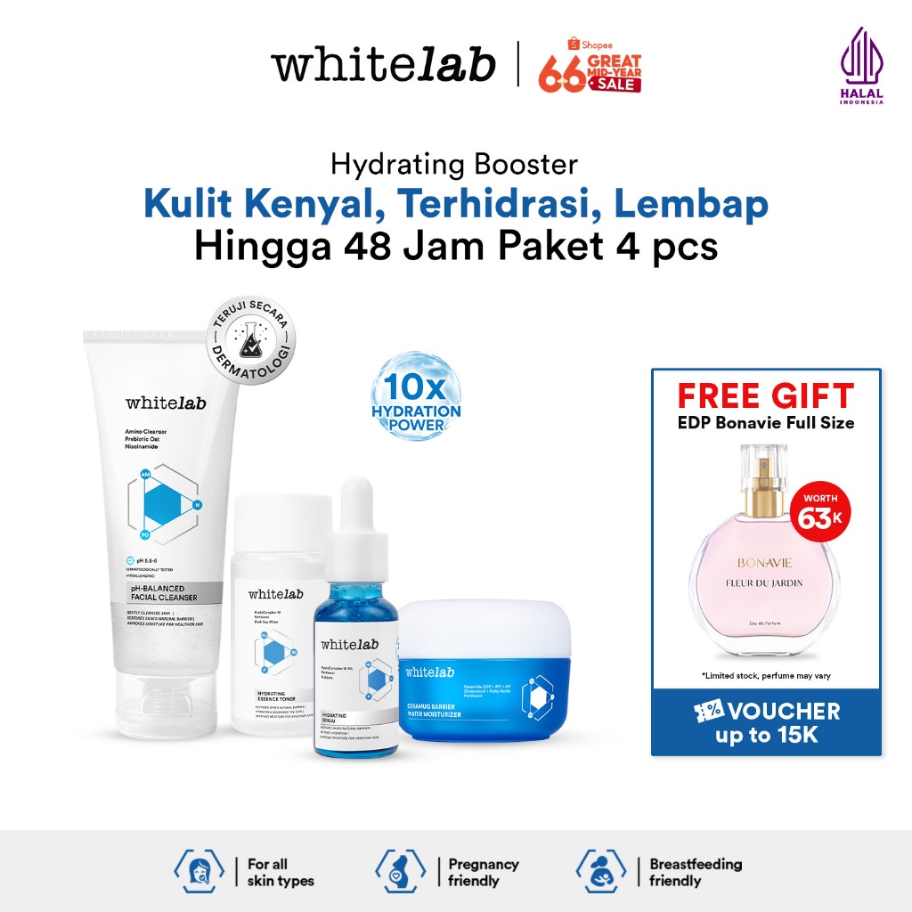 Whitelab Hydrating Series - Facial Cleanser, Essence Toner, Serum, Moisturizer, Sleeping Mask Paket 