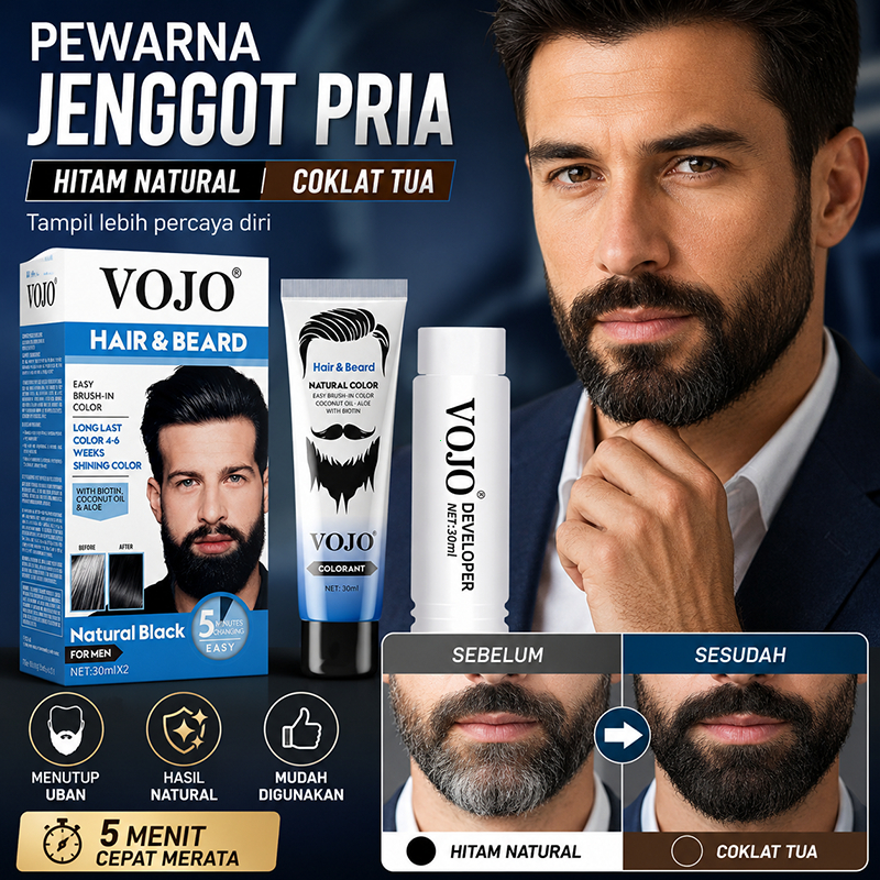 Hair & Beard Color Pewarna Jenggot Pria Penutup Uban Kumis Hitam Natural Coklat Tua Tahan Lama