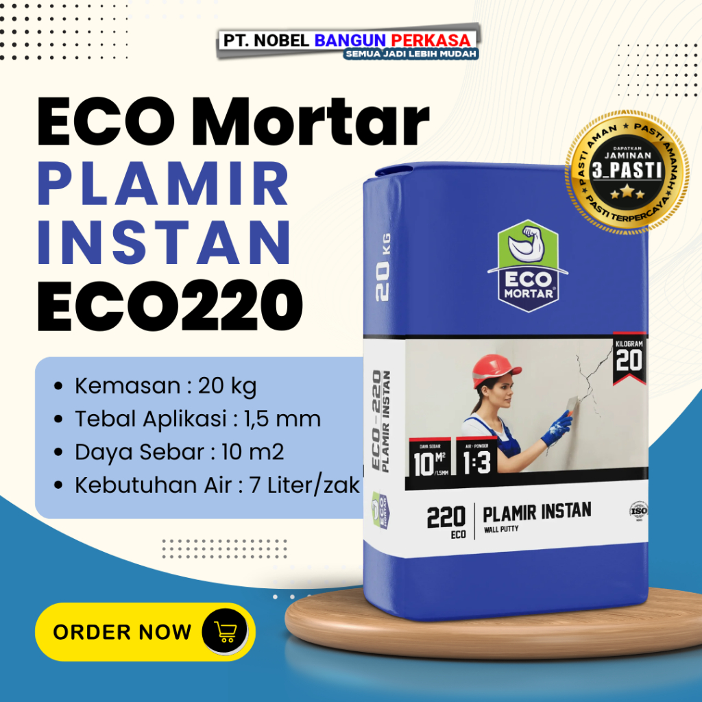 Semen Instan ECO Mortar Plamir Instan ECO220 20kg – Plamir Tembok Dinding Siap Pakai Halus Anti Reta