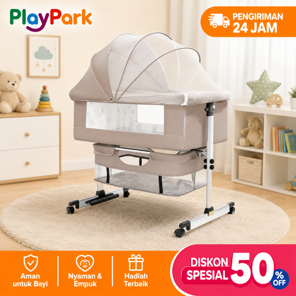 PlayPark Ranjang Bayi Lipat Portable Dengan Kelambu Roda Rem Tempat Tidur Bayi Multifungsi