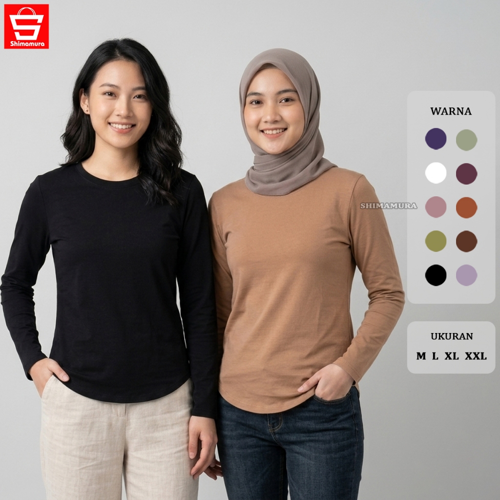 Kaos Polos Wanita Lengan Panjang Model Oval Kekinian Baju Oblong Bahan Spandex COD Bayar Ditempat