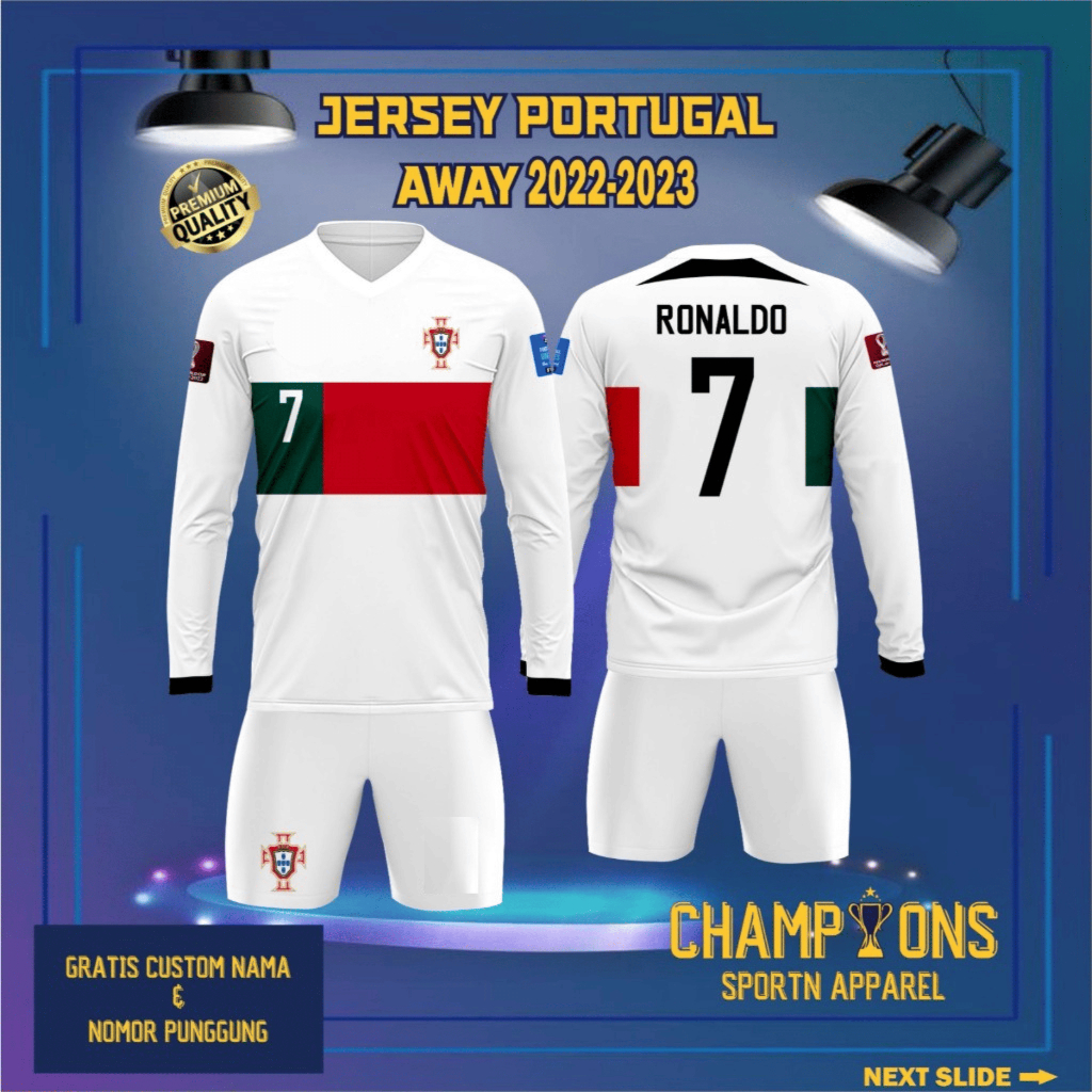 Setelan Timnas Portugal Away Panjang 2022-2023, FREE custom nama dan nomor untuk dewasa dan anak