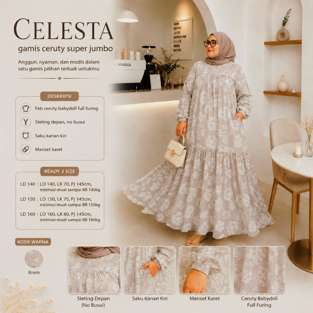 Celesta Dress Mewah Super Jumbo Gamis Ceruty Babydoll LD140 LD150 LD160 Baju Pesta Wanita
