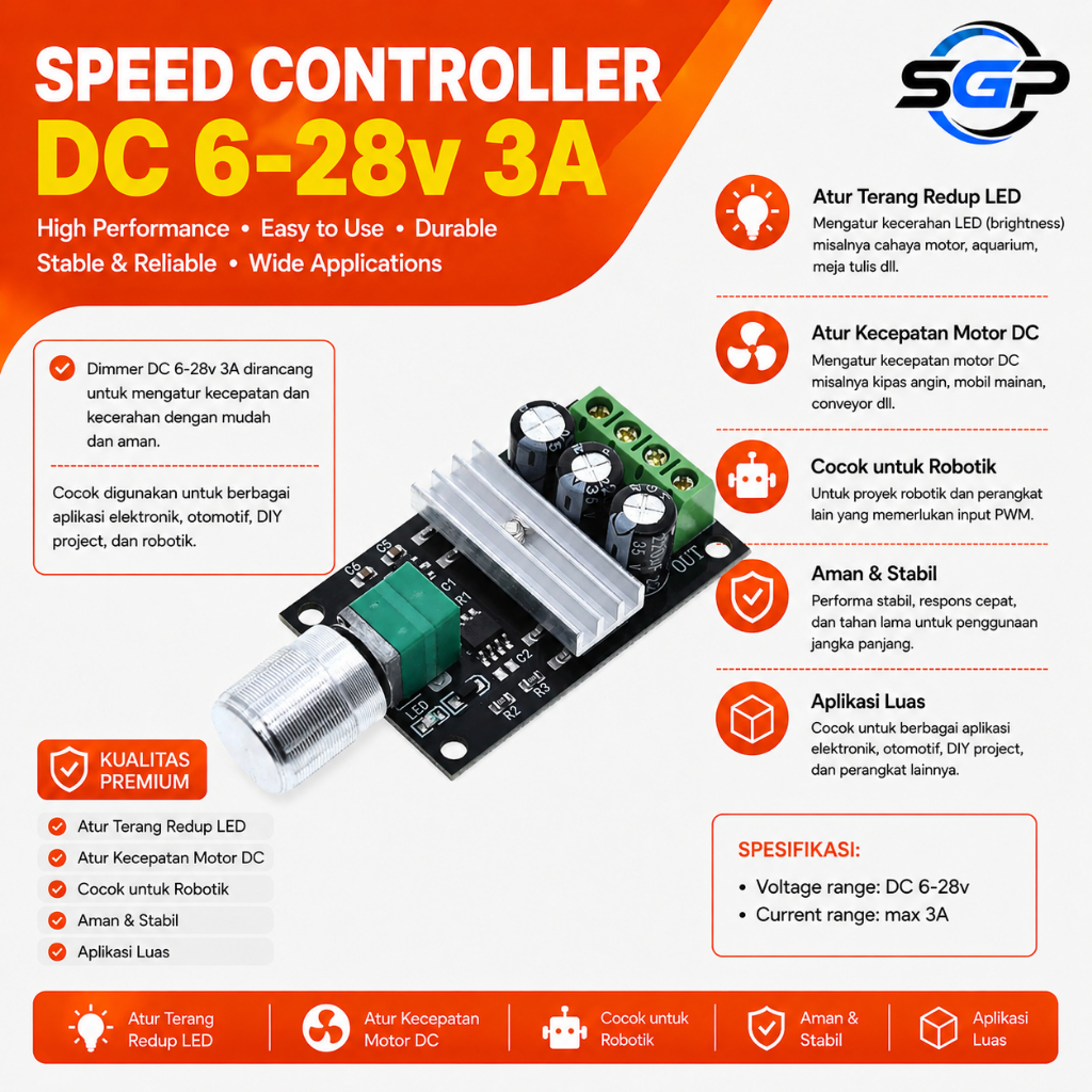 Dimmer DC 6-28v 3A LED Motor Speed Controller PWM Variable Regulator Dimmer DC 3A Pengatur Kecepatan