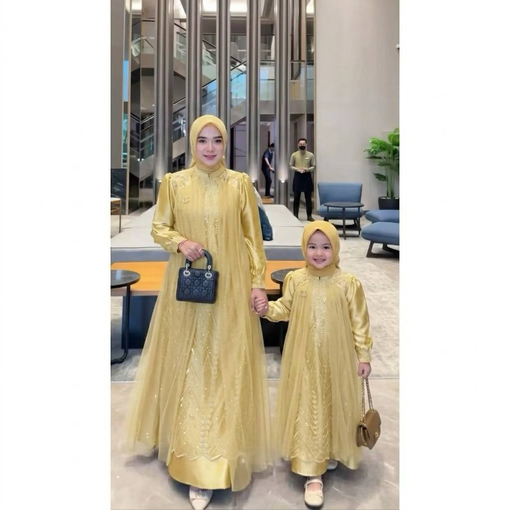 Gamis lebaran couple ibu dan anak 5-11 tahun velvet mix brokat aplikasi tile LEYA dress/ gamis mewah
