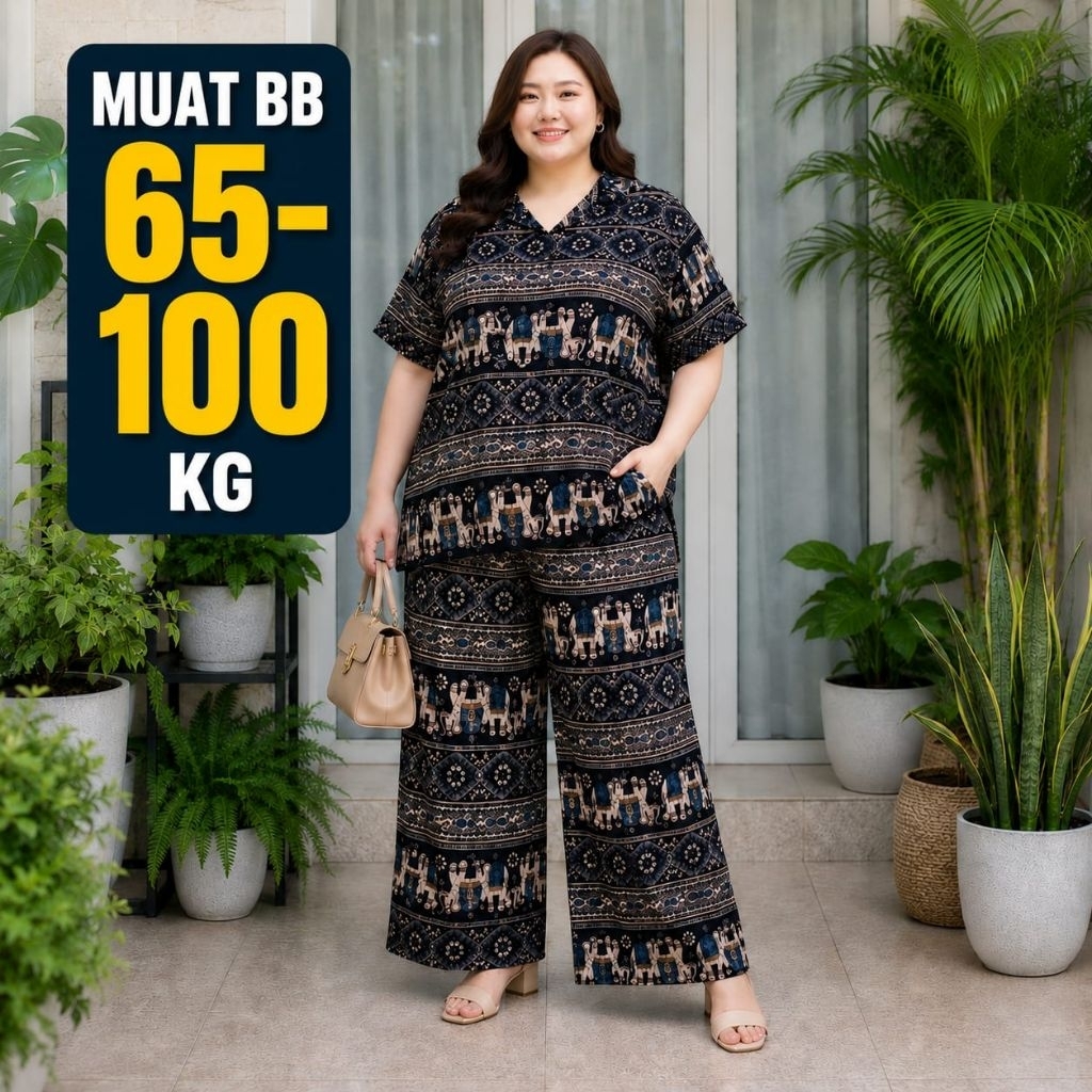 One Set Jumbo Rayon Viscose Motif Etnik Gajah XL XXL XXXL LD 110 120 130 Setelan Wanita Big Size  Hi