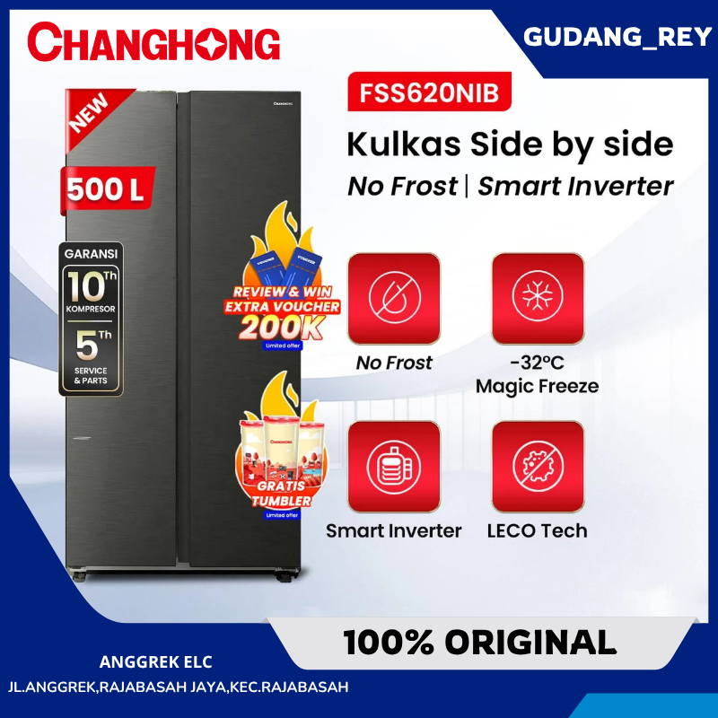 KULKAS Changhong 500L Kulkas Side By Side Inverter Refrigerator FSS620NIB-Black