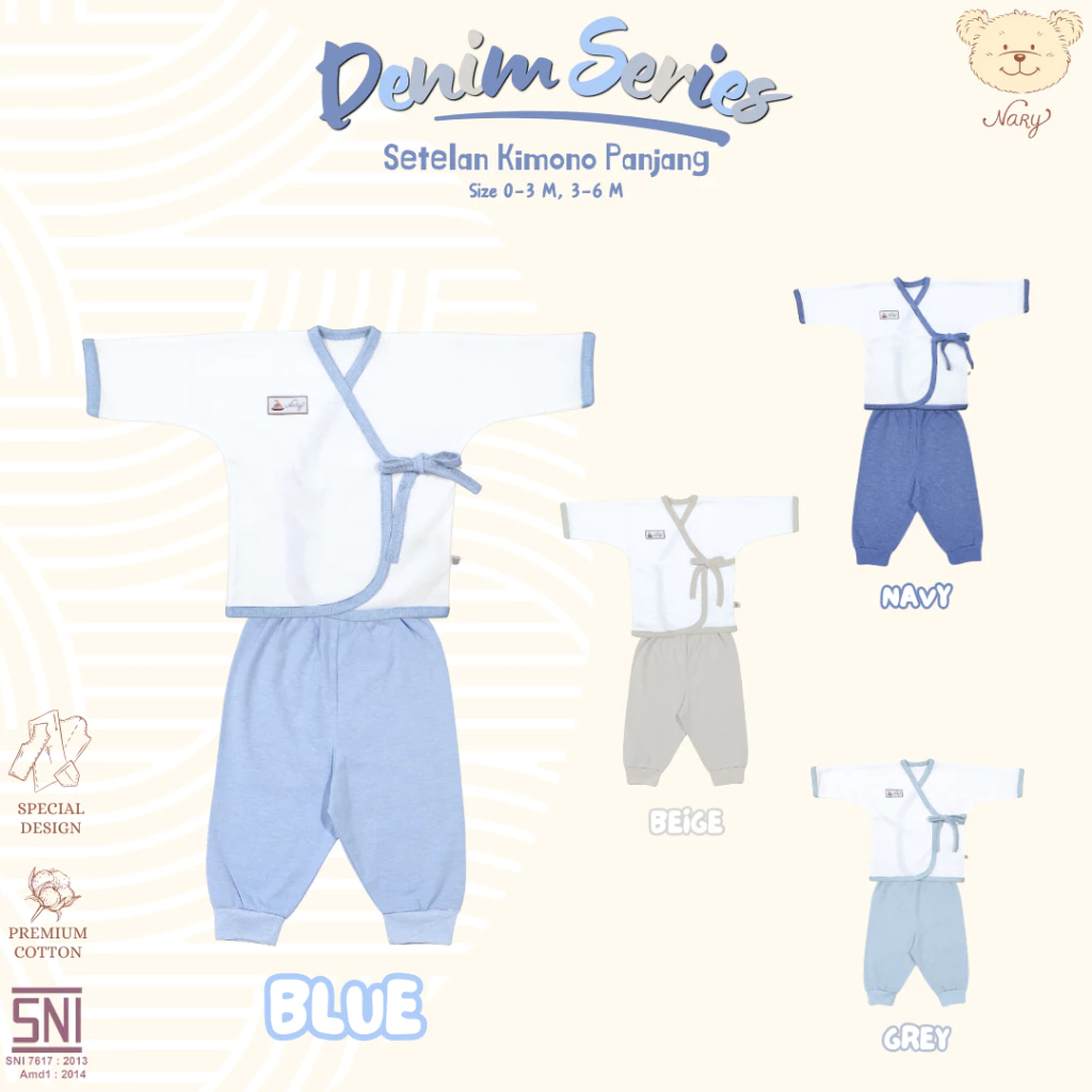 Setelan Kimono PANJANG NARY Putih Polos List Denim 3-6 bln | 100 % premium cotton