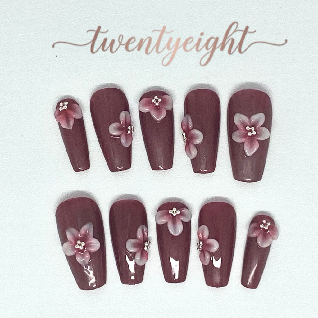 twentyeight - PRESS ON NAILS motif bunga 3D merah marron || kuku palsu cantik || fake nails merah ma