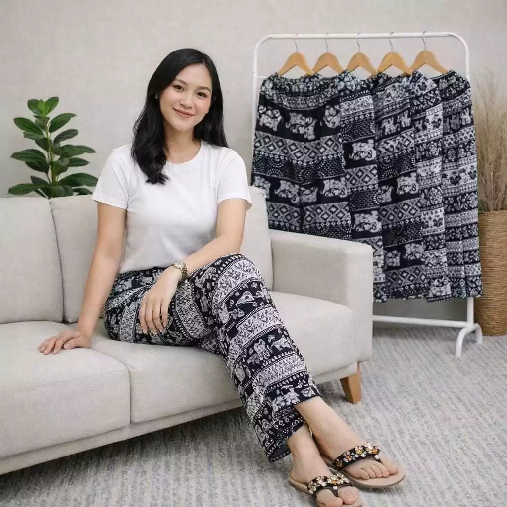 Celana Kulot Rayon Motif Gajah Unisex Remaja Panjang L XL Simple Ootd