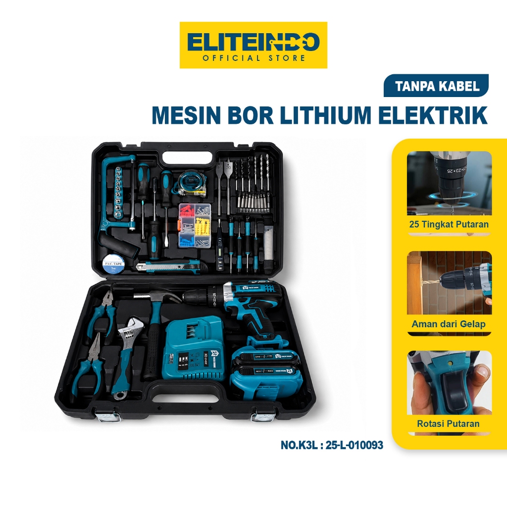 ELITE Set Mesin Bor 2 Baterai 50Pcs in 1 Toolkit Lengkap Perkakas Cordless Drill Impact Alat Listrik