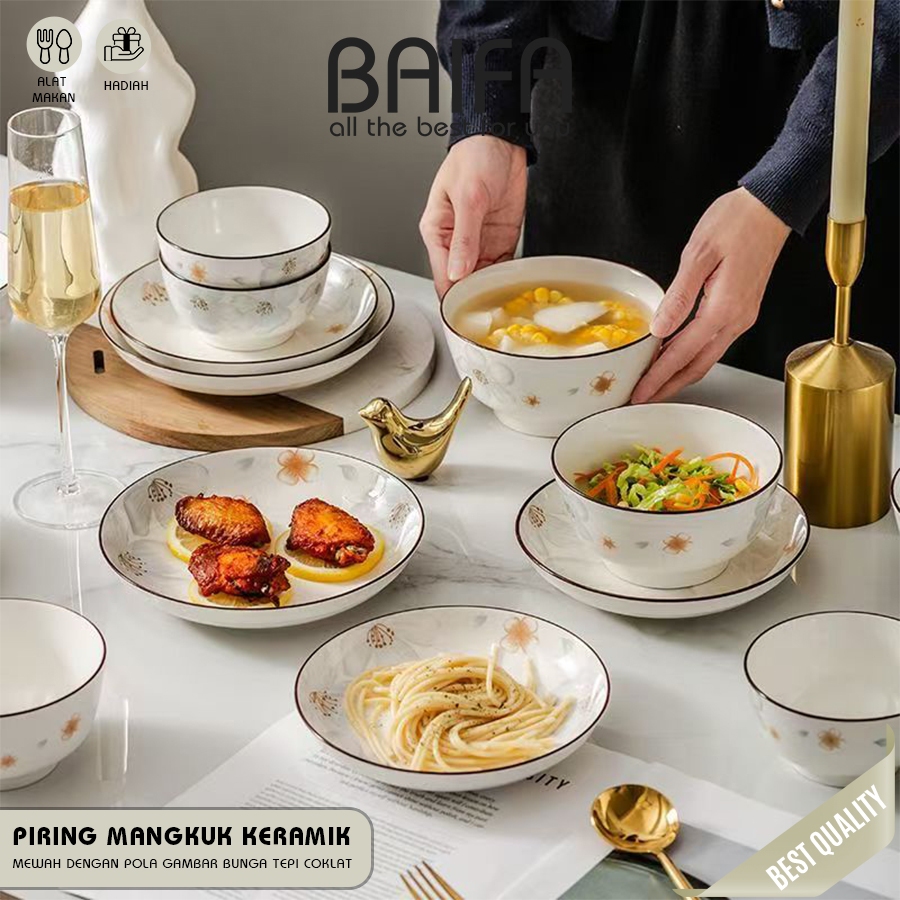 BAIFA Set Tableware Piring Mangkuk Luxury Floral Ceramic Dinner Set – Piring & Mangkuk Motif Bunga