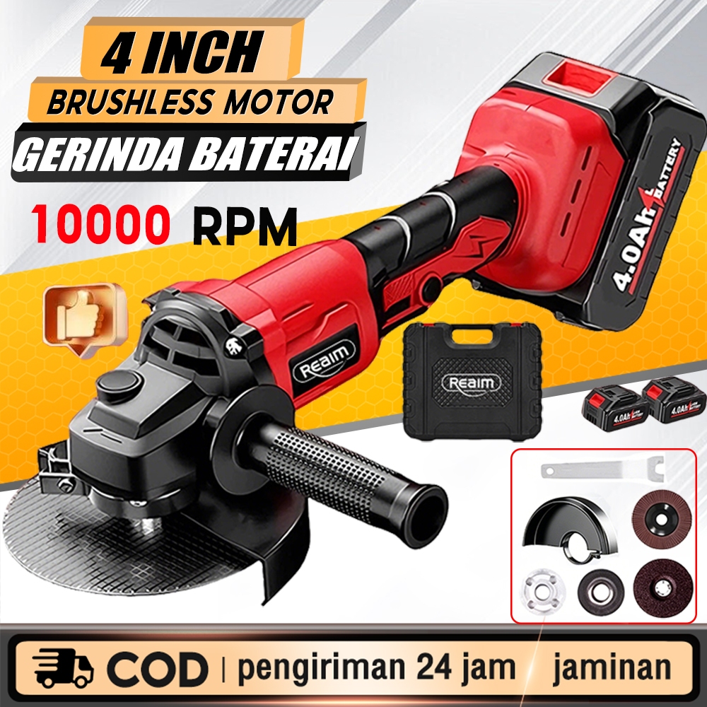 REAIM Gerinda Baterai Brushless 450W Gerinda Listrik 4 Inch Gerinda Tangan Cordless Alat Potong Pole