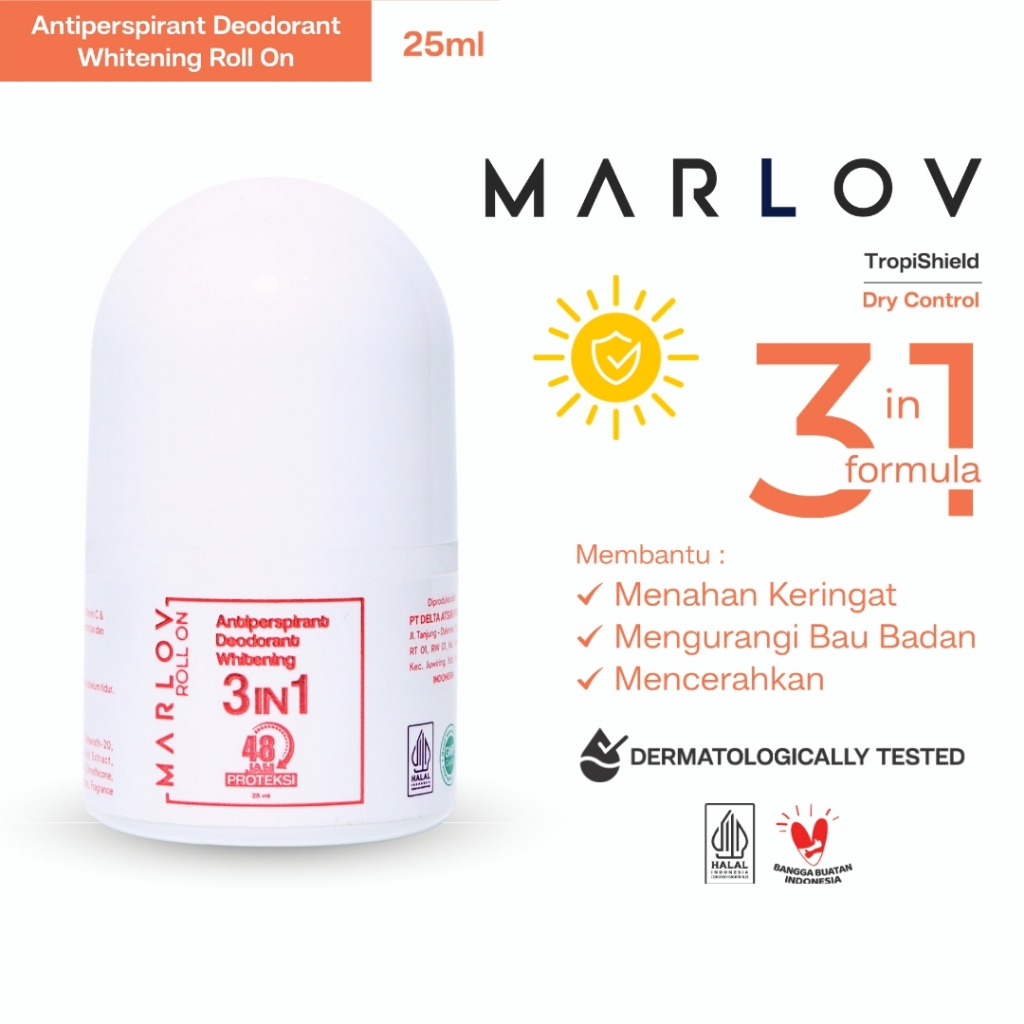 MARLOV Antiperspirant Deodorant Whitening Roll On 3in1 25ml Membantu Mengurangi Bau Ketiak & Cerahka