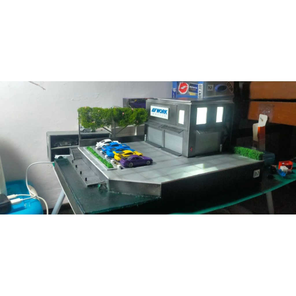 Diorama Garage with River 1:64, Diorama rumah garasi, Minigt, Tomica, Hotwheels dll