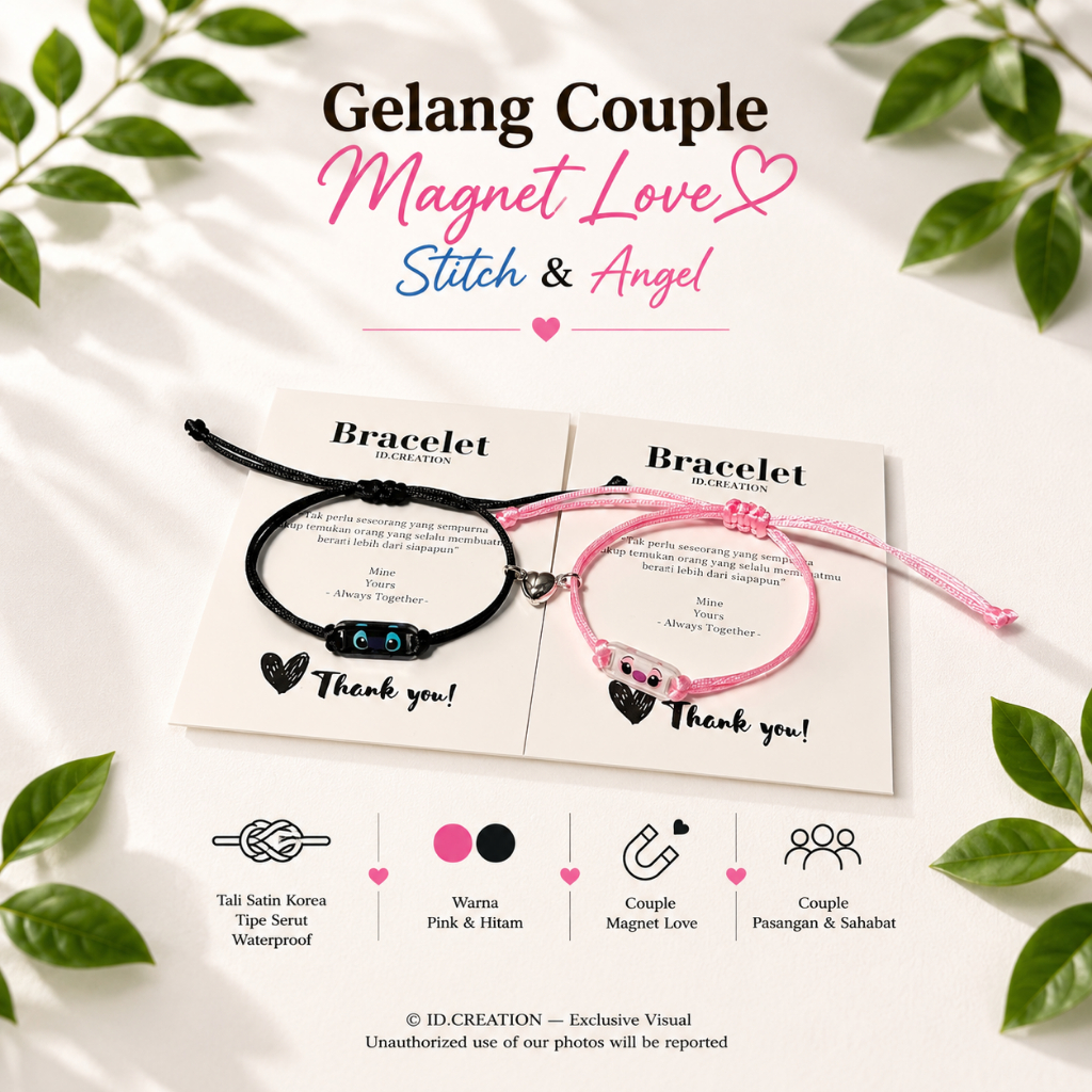 Gelang Couple Magnet Love Stitch & Angel - Tali Satin Korea Tipe Serut Waterproof