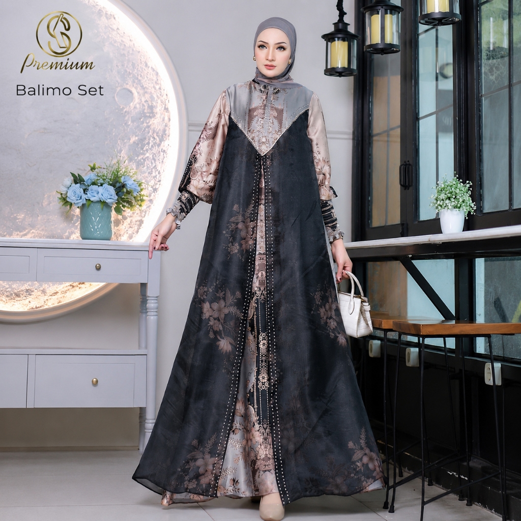 Balimo Set Gamis Abaya Armany SIlk Mix Organza Printing Set Hijab Segi Empat Voal by Soekha Premium