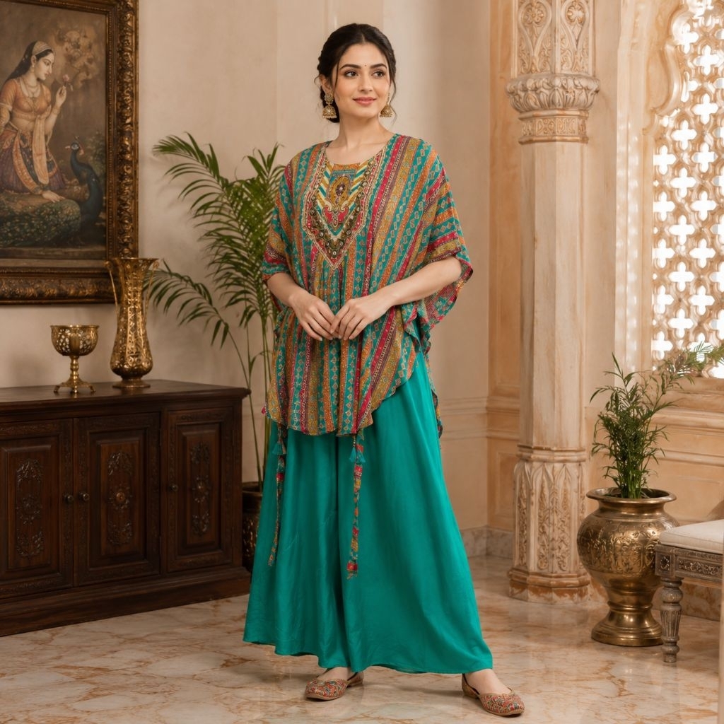 Baju Kaftan India Digital Print Dengan Mute Mutiara Di Bagian Dada