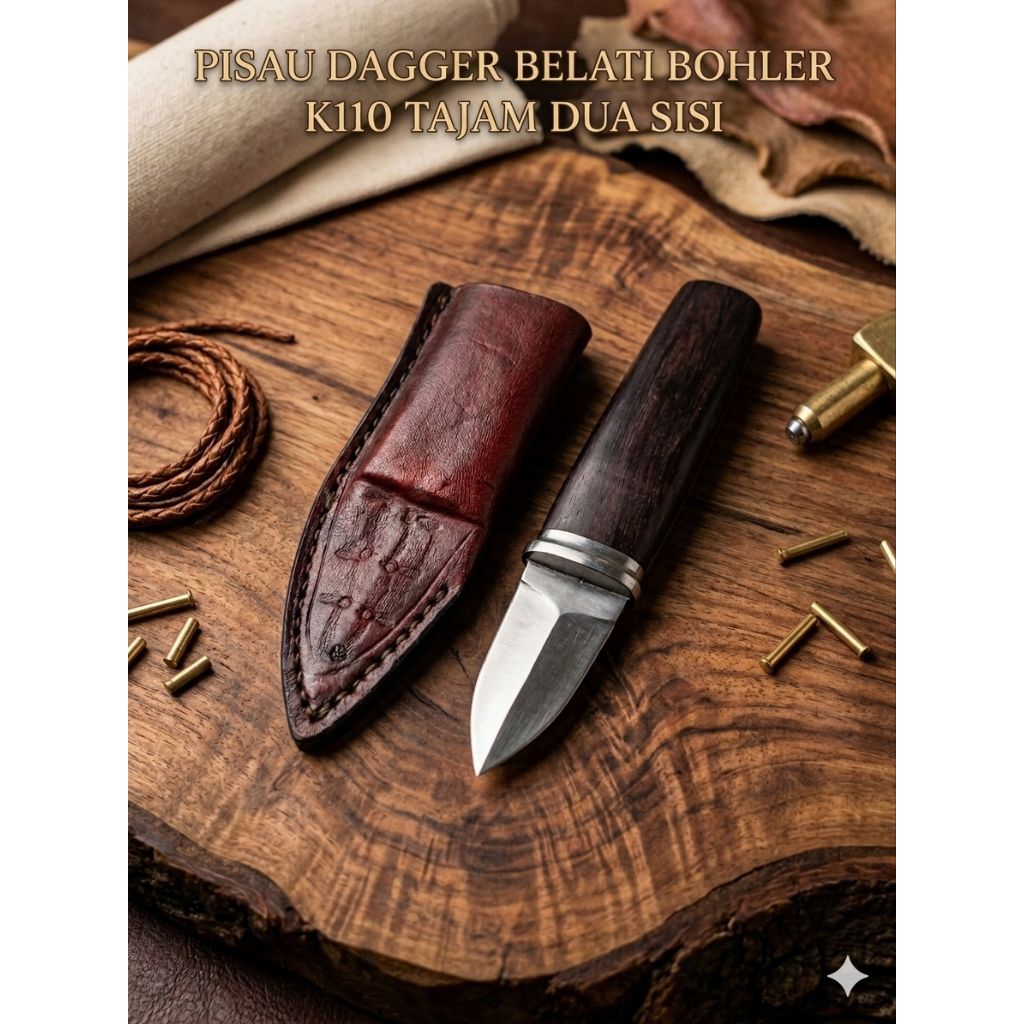 Pisau Seset model Dagger Belati bahan Bohler K110 tajam dua sisi sarung kulit