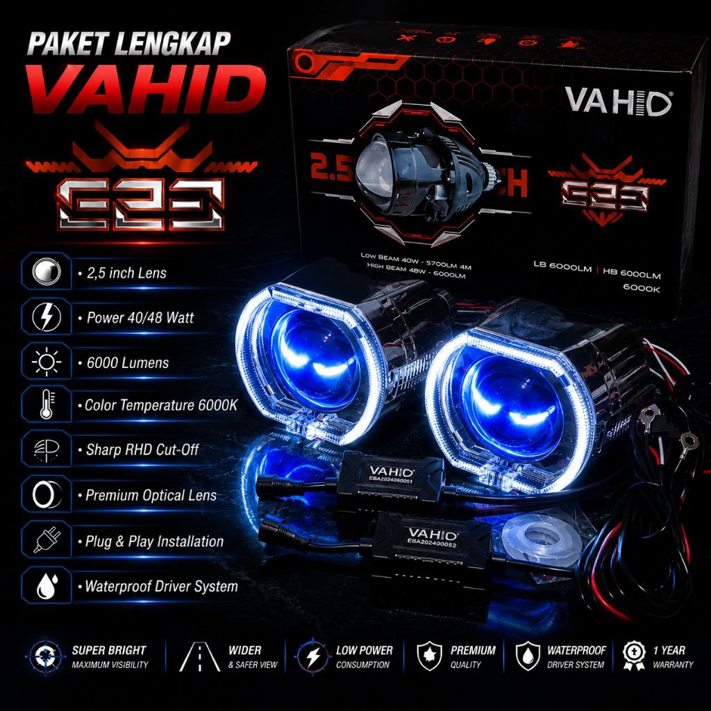 E23 | Paket Lengkap Vahid e23 | Projie Biled Projector | Lampu Lensa 2.5 inch | Vahid Original