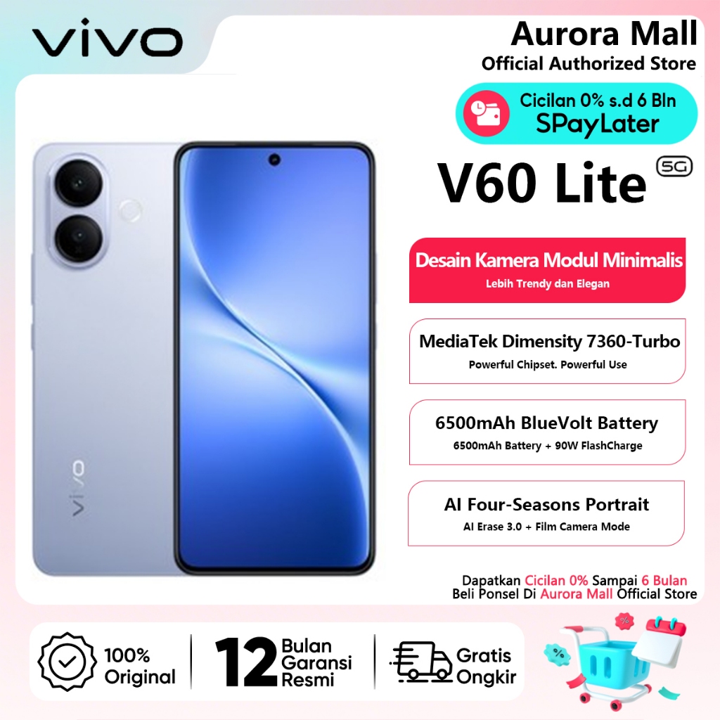 Vivo V60 Lite 5G 8/256GB NFC 8+8GB Extended RAM Garansi Resmi Android Handphone HP Terbaru 2026 Ori