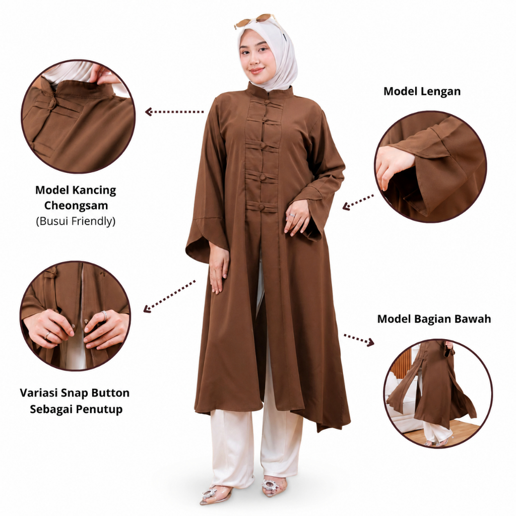 PRQUEEN - Zalfa Tunik Cheongsam - Dress Panjang Qipao Kerah Shangai Wanita Kebaya Korean Style Hijab