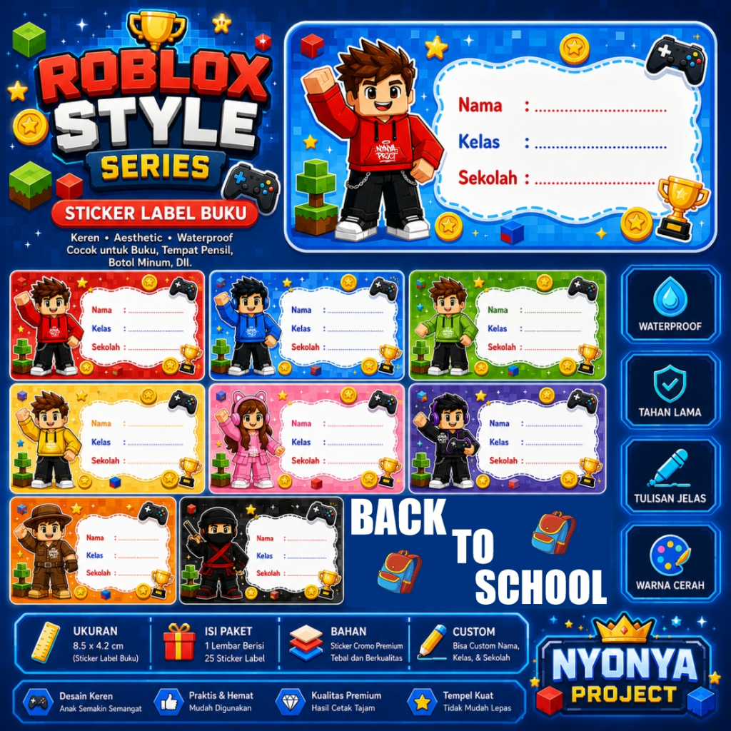 30pcs (LABEL BUKU ANAK) STICKER LABEL NAMA BUKU SEKOLAH ROBLOX KEREN GRATIS CUSTOM NAMA | NYONYA PRO