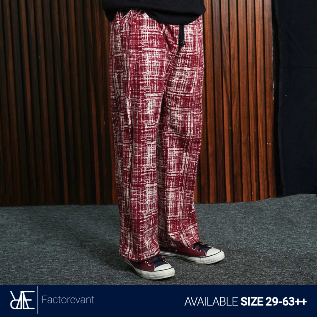 Reevant Loose Relaxed Tartan Merah Katun Celana Panjang Pria Jumbo Big Size