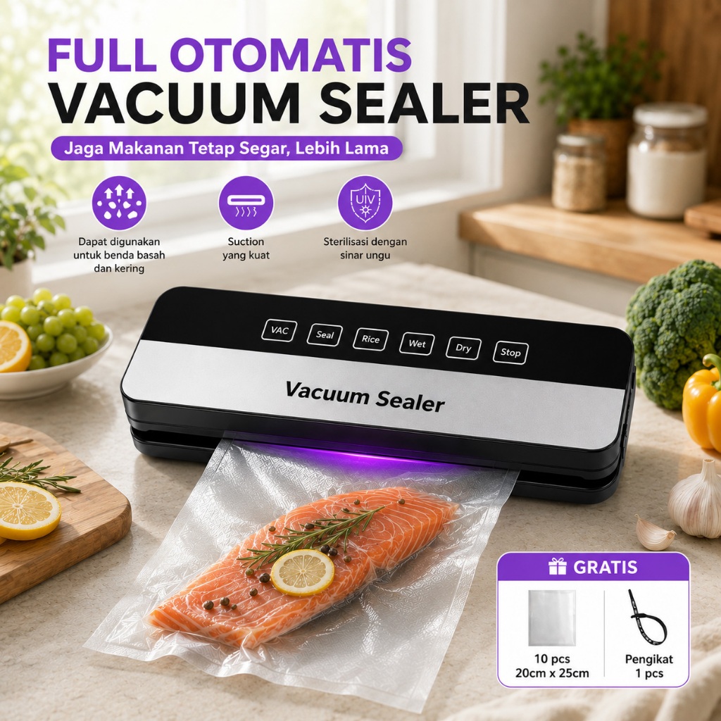 Vacuum Sealer Otomatis Basah & Kering - Alat Vakum Makanan Frozen Mini untuk Rumah Tangga, Food Seal