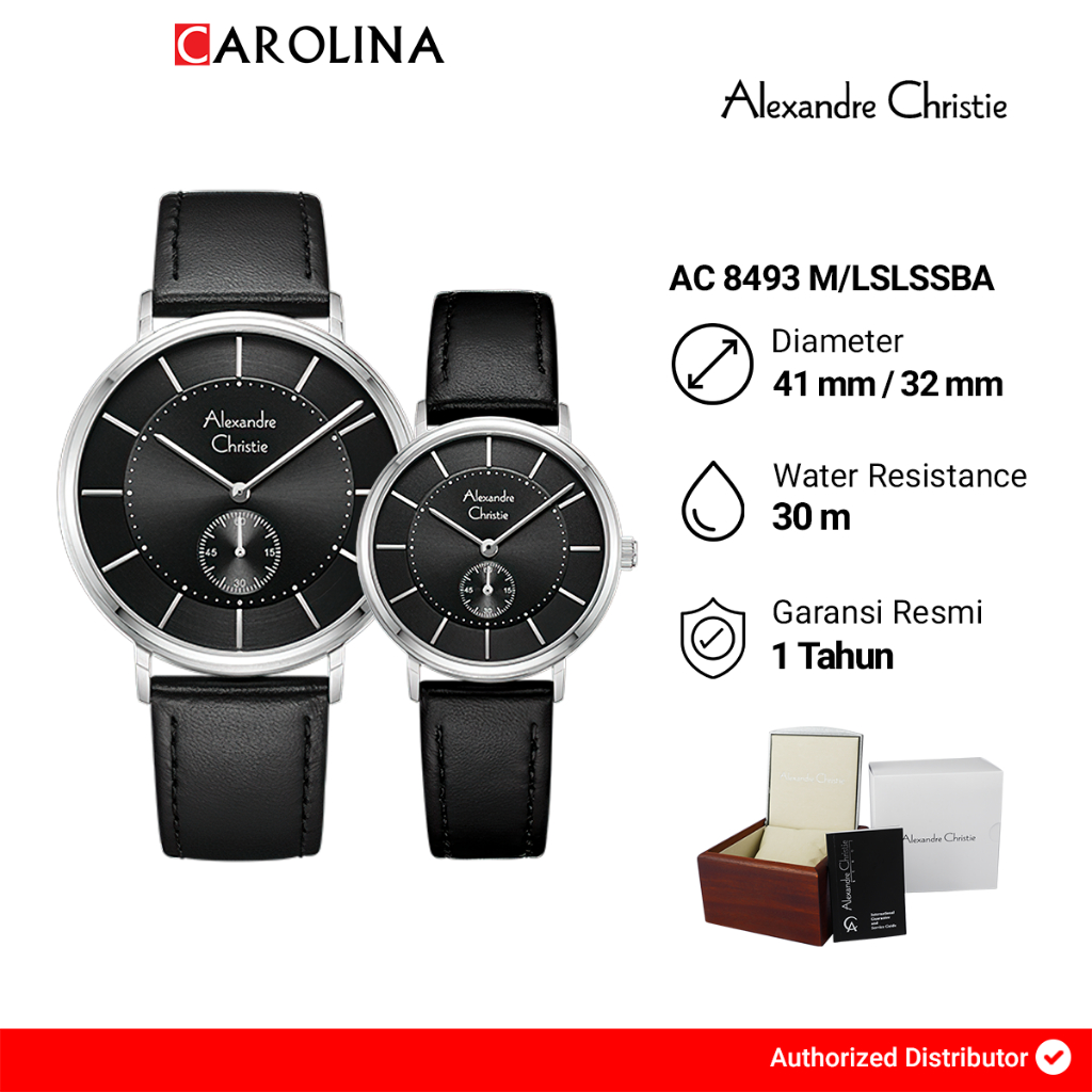 Jam Tangan Couple Alexandre Christie Classic AC 8493 M/LSLSSBA Black Dial Black Leather Strap