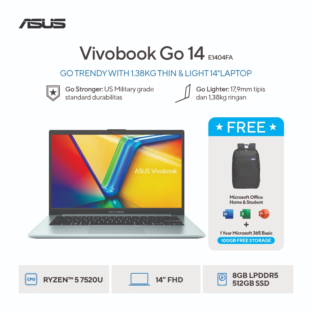 ASUS Vivobook Go 14 E1404FA-VIPS5851M Ryzen 5 7520U 8GB 512 SSD 14` W11 OHS+365