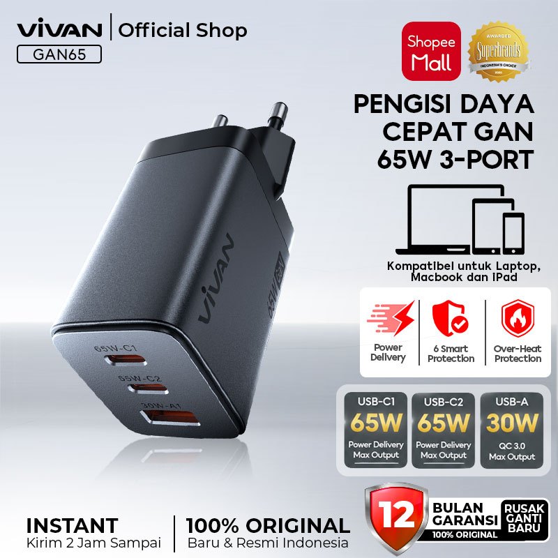 VIVAN Charger GaN65 Turbo Fast Charging 65W 3 Output GaN Metal 2 Type-C 1 USB-A  Support All Phone &