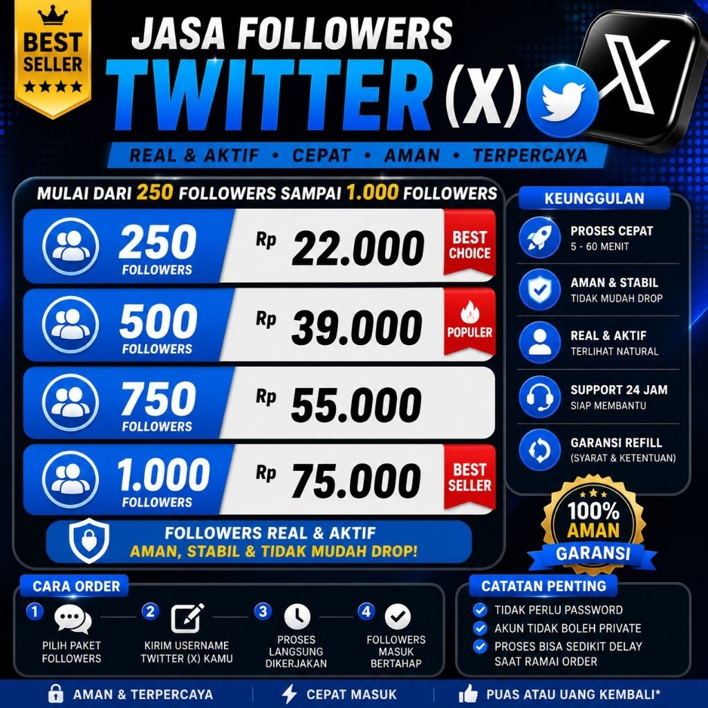 Jasa Followers Twitter (X) 250–1.000 Real & Aktif | Cepat Masuk | Aman & Terpercaya