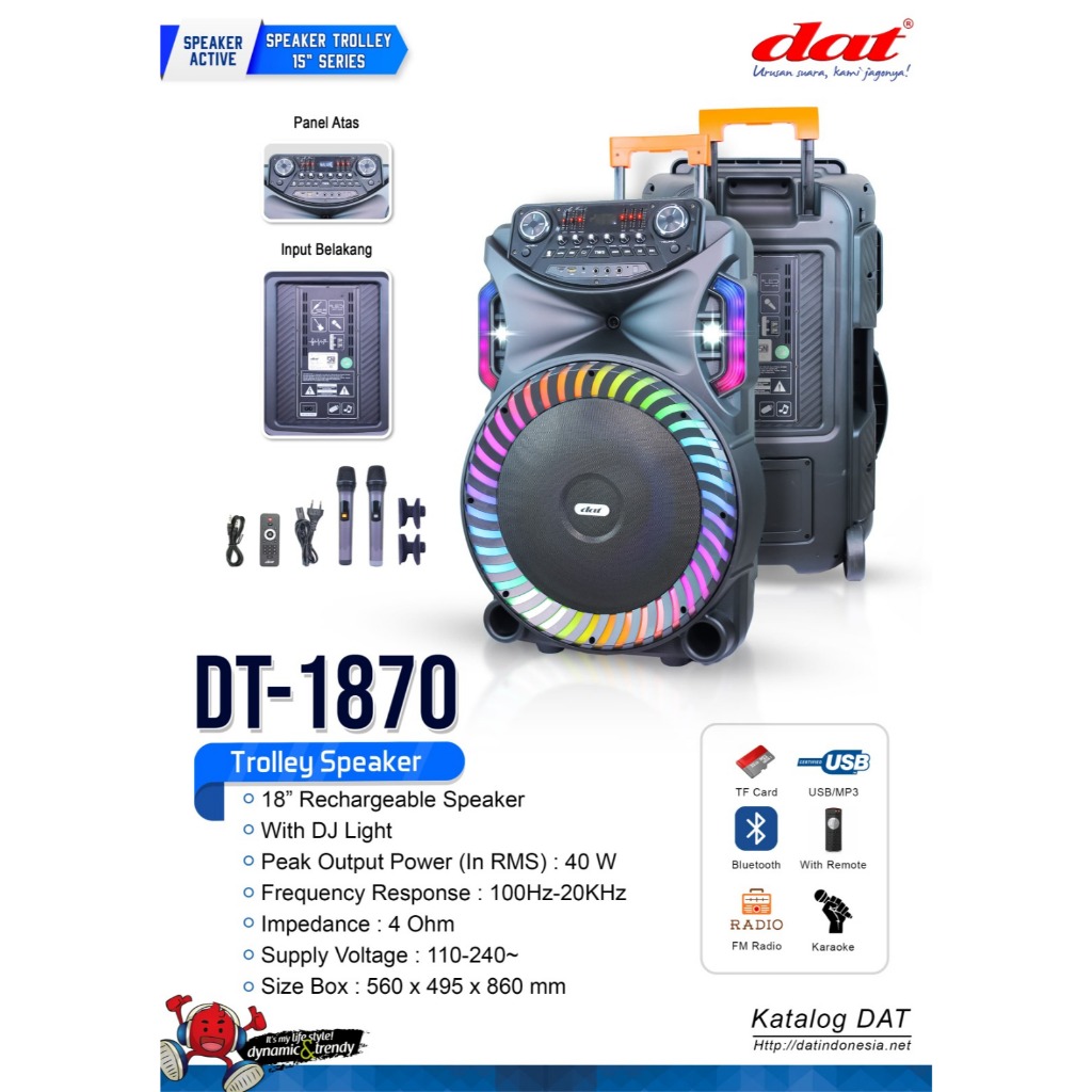 Speaker Karaoke Trolley Dat DT 1870 Free 2 Mic Wireless