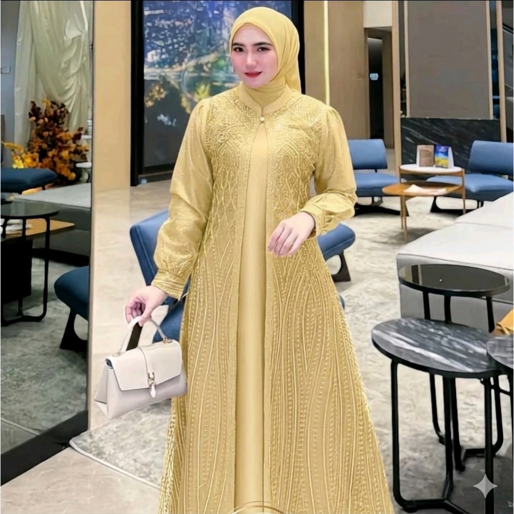 Gamis Muslim Wanita Mewah 2in1 - Viola Dress Velvet Mix Brukat Tile , Outer Iner Pisah Terbaru