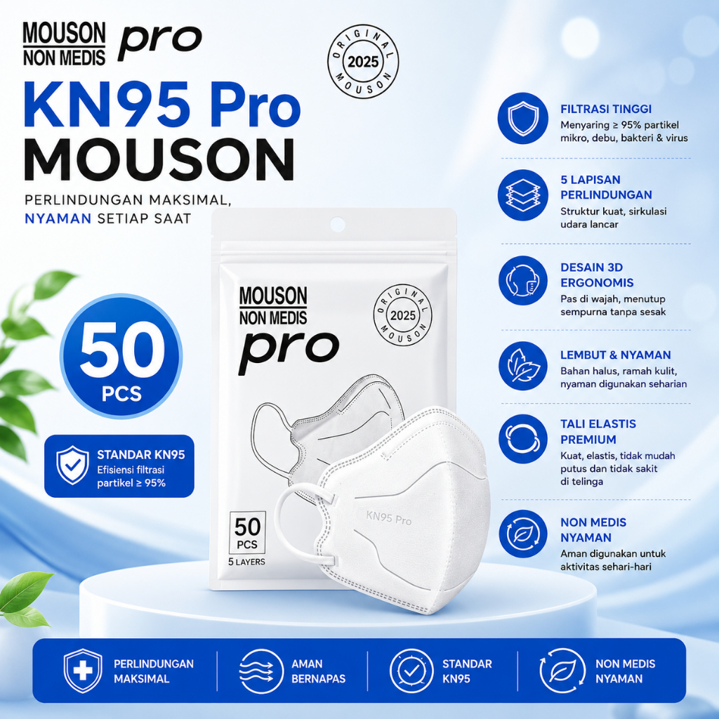 Masker KN95 Pro Mouson Isi 50 Pcs Putih 5 Lapis 5 Ply Non Medis