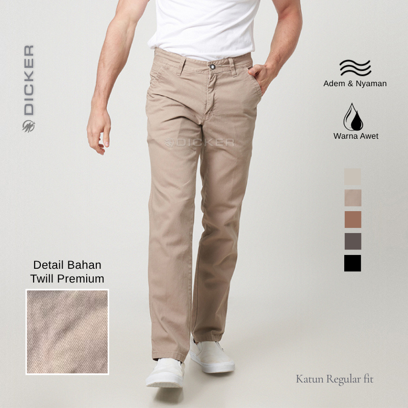 DICKER Celana Chino Panjang Pria Regular Fit Kerja Bahan Katun Twill Hitam Krem Khaki Size 28-44
