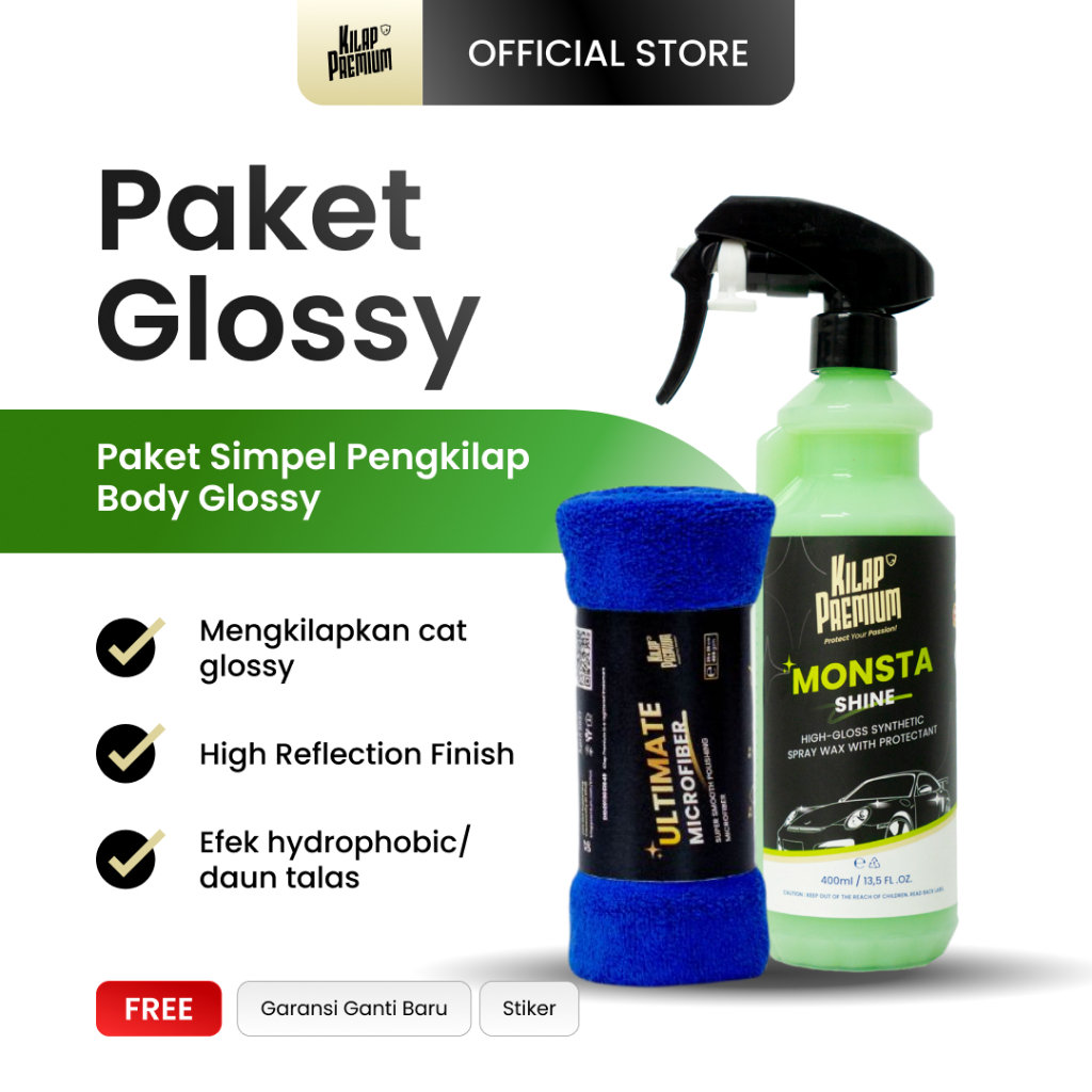 Paket Glossy (Monsta Shine 400ml + Ultimate Microfiber 400GSM) | Kilap Premium - Pengkilap Kendaraan