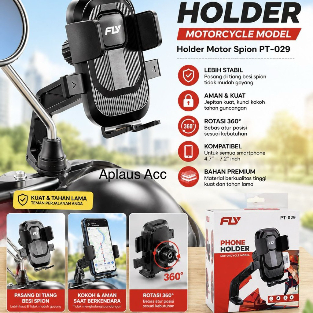 Holder HP Motor Spion FLY PT-029 Universal Rotasi 360° Anti Getar Anti Goyang Stabil Super Kuat