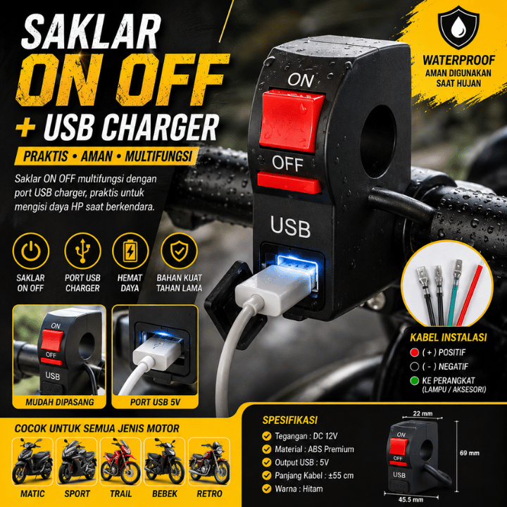 USB Charger Motor Saklar ON OFF Universal Waterproof 12V Port USB Cas HP Stang Motor Handlebar Switc
