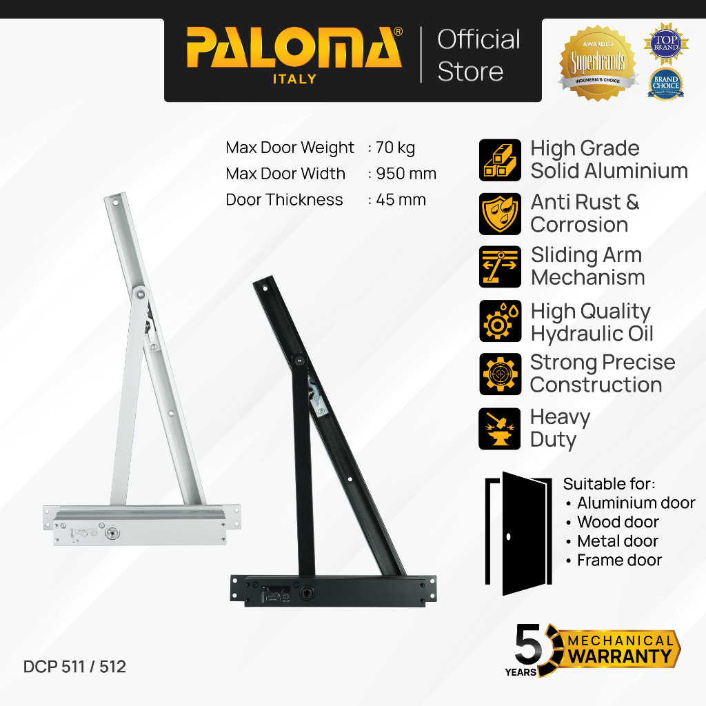 PALOMA Door Closer Penutup Pintu Otomatis Concealed Tanam White Putih Natural Anodized Black Hitam M