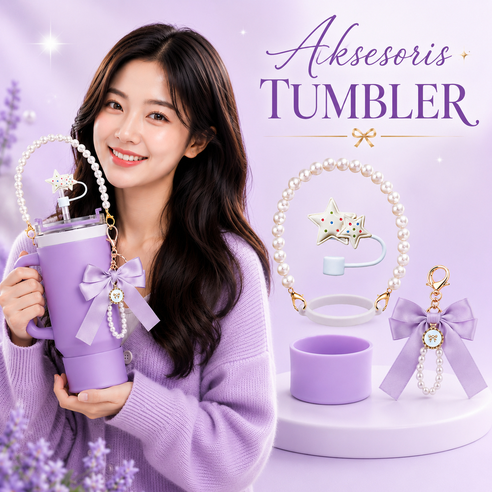 Gantungan Aksesoris Tumbler Aesthetic B03 | Set Aksesoris Tumbler Estetik 4 in 1 Handle Mutiara Char