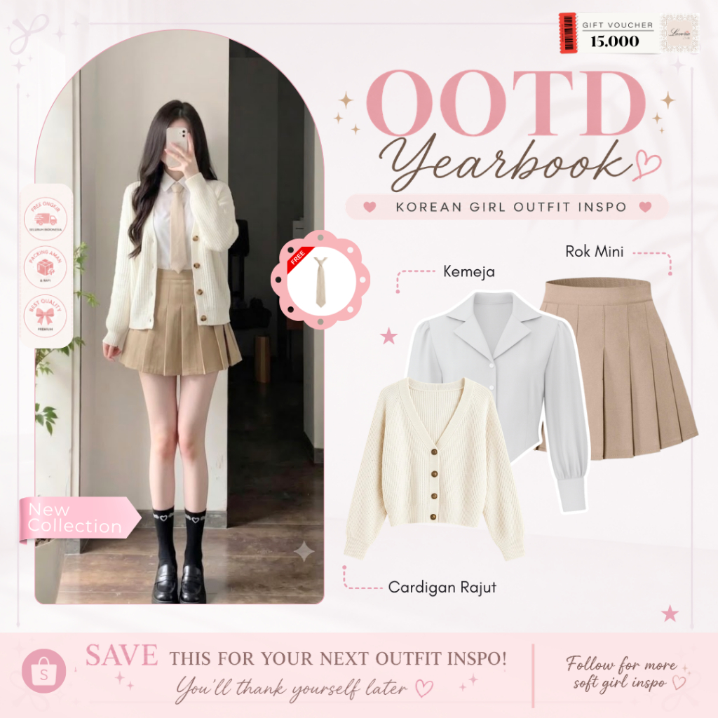 One Set Yearbook Korean Style ( Kemeja Crop + Cardigan Rajut + Rok Mini ) Setelan Outfit Anak Kekini