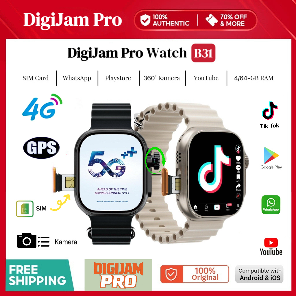 [4G Sim Card] DigiJam Pro B31 Smartwatch 4G & 5G | RAM 4 / 64GB | 360° Putar Kamera | SIM Card | Bis