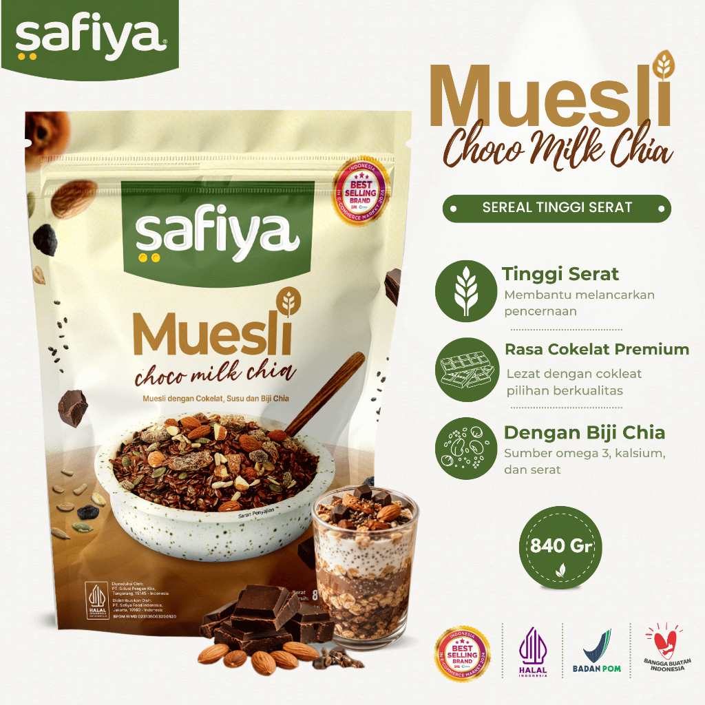 Safiya Muesli Choco Milk 840 Gram With Chiaseed Sereal Oatmeal Diet Premium