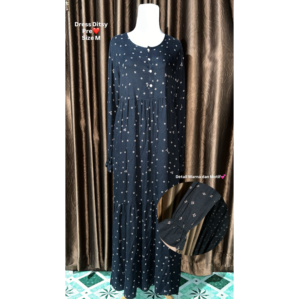 Dress Ditsy Preloved Size M Warna Hitam