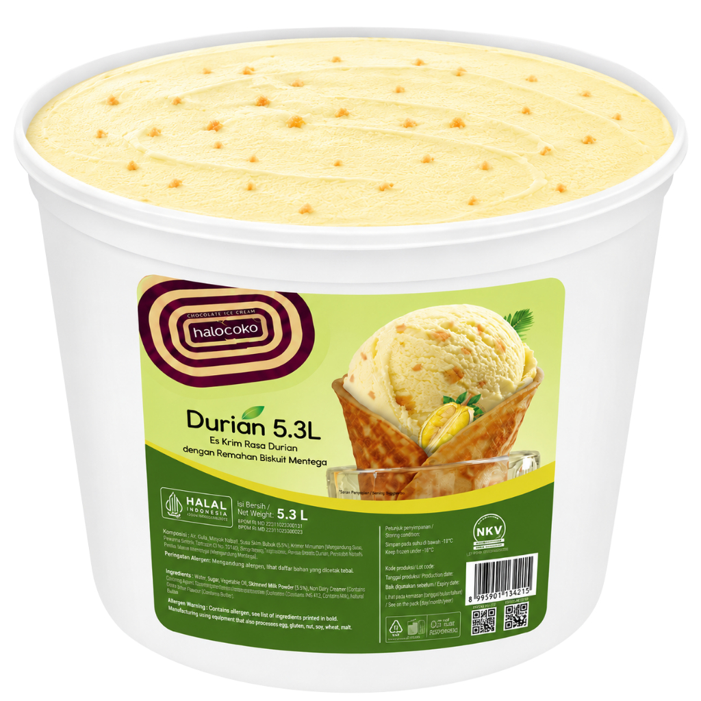 Produk Premium Aice Halocoko 5l Durian Ice cream bucket ukuran ekonomis 5 liter dengan taburan biscu