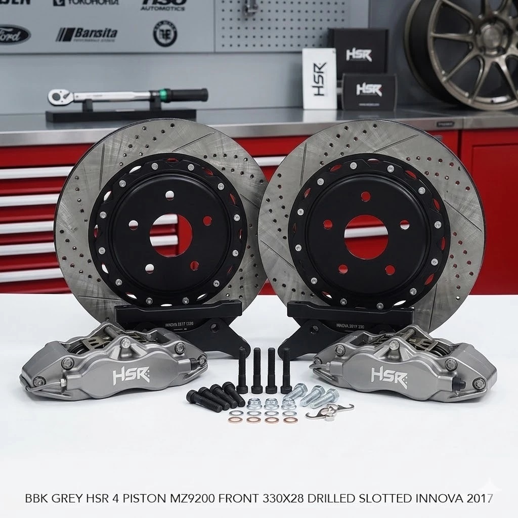 BBK GREY HSR 4 PISTON MZ9200 FRONT 330X28 DRILLED SLOTTED INNOVA 2017 BREMBO HSR BBK